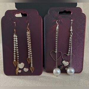 Dainty Long Drop Earrings with Rhinestones and Heart Accents - Gold & Silver